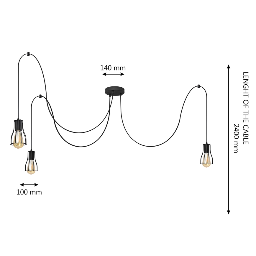 Ljuskrona med textilsladd TUBE LONG 3xE27/15W/230V svart