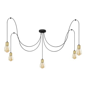 Ljuskrona med textilsladd TUBE LONG 5xE27/15W/230V svart/guld