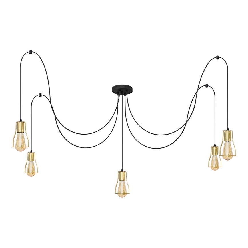 Ljuskrona med textilsladd TUBE LONG 5xE27/15W/230V svart/guld