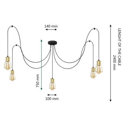 Ljuskrona med textilsladd TUBE LONG 5xE27/15W/230V svart/guld