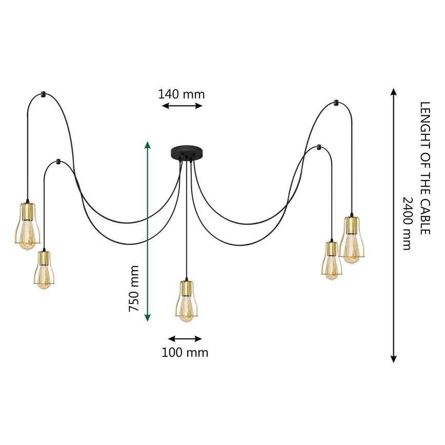 Ljuskrona med textilsladd TUBE LONG 5xE27/15W/230V svart/guld