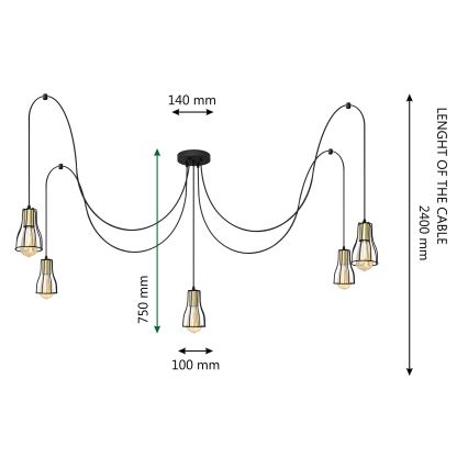 Ljuskrona med textilsladd TUBE LONG 5xE27/15W/230V svart/guld