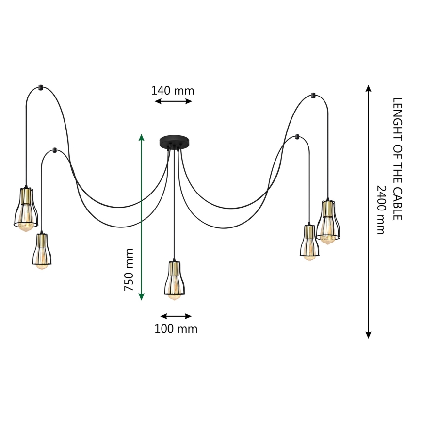 Ljuskrona med textilsladd TUBE LONG 5xE27/15W/230V svart/guld