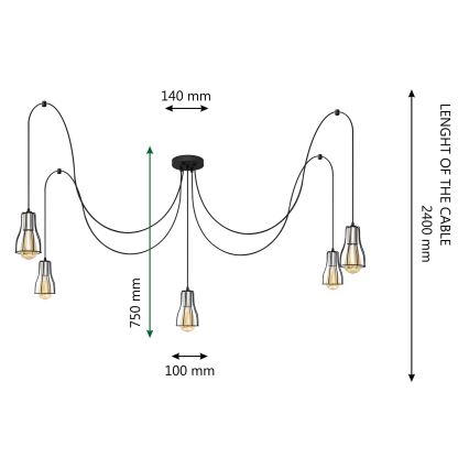 Ljuskrona med textilsladd TUBE LONG 5xE27/15W/230V svart/skinande krom