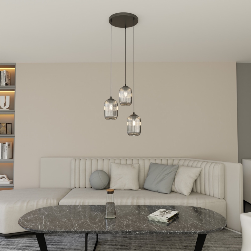 Ljuskrona med textilsladd VERDI 3xE27/15W/230V diameter 30 cm svart/grå