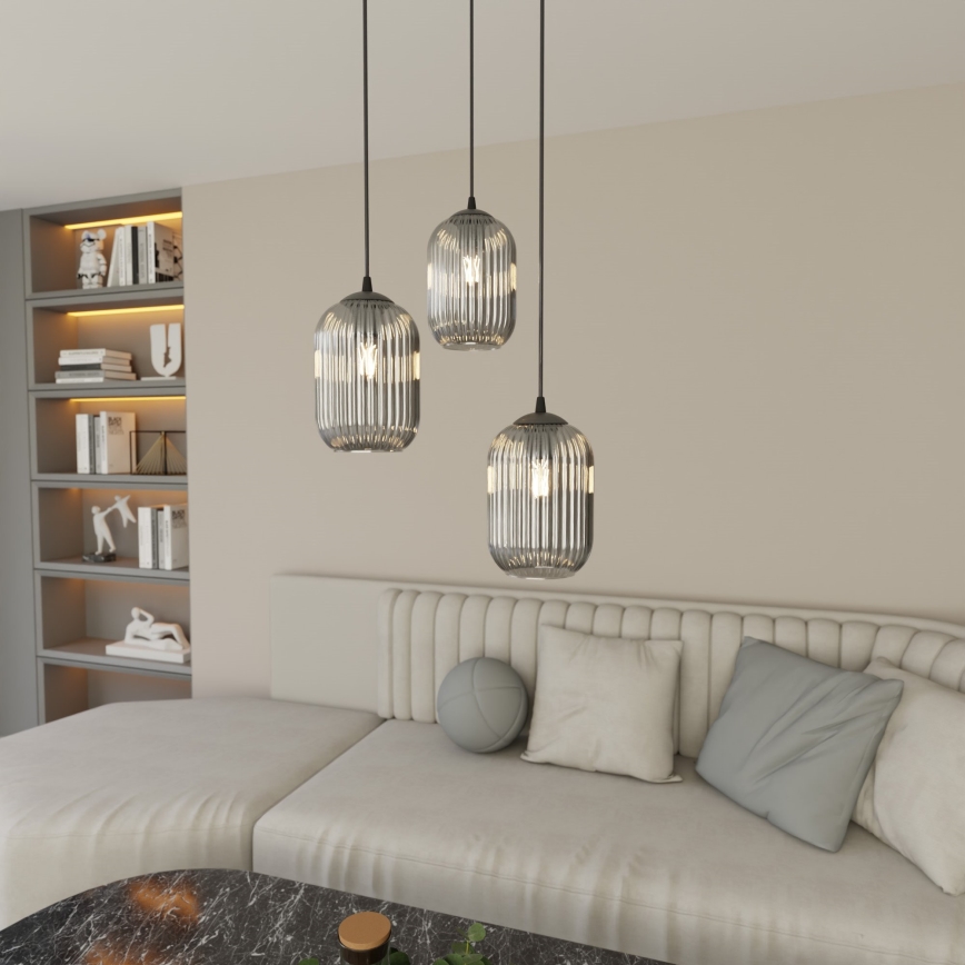 Ljuskrona med textilsladd VERDI 3xE27/15W/230V diameter 30 cm svart/grå