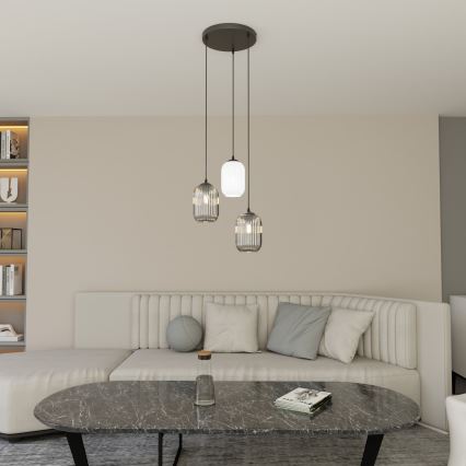 Ljuskrona med textilsladd VERDI 3xE27/15W/230V diameter 30 cm svart/grå/vit