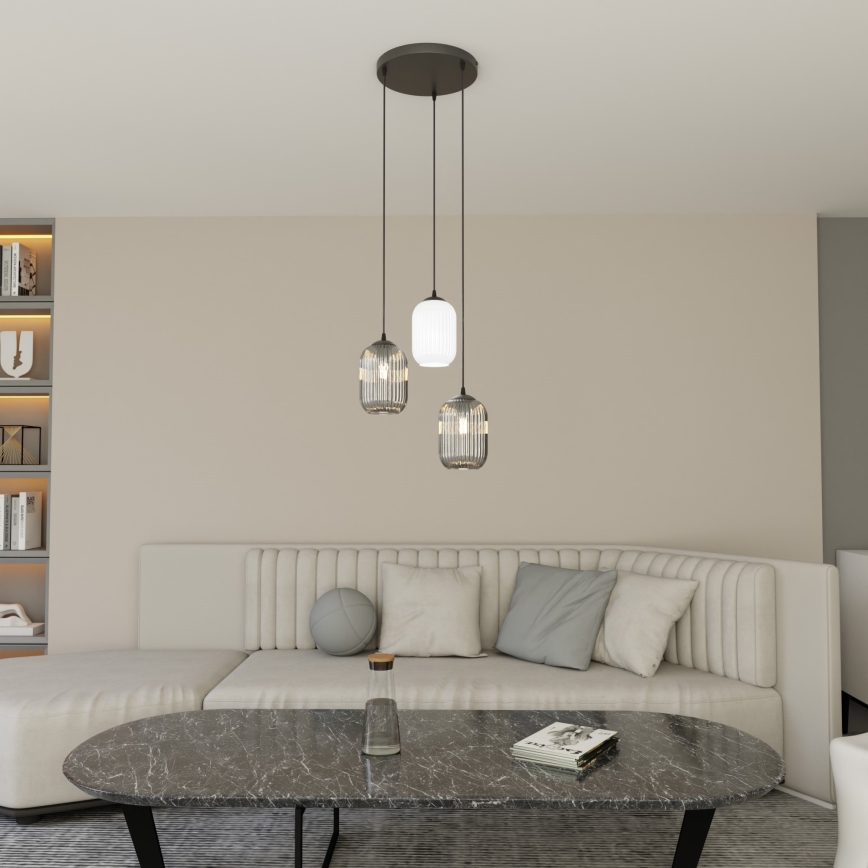 Ljuskrona med textilsladd VERDI 3xE27/15W/230V diameter 30 cm svart/grå/vit