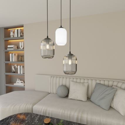 Ljuskrona med textilsladd VERDI 3xE27/15W/230V diameter 30 cm svart/grå/vit