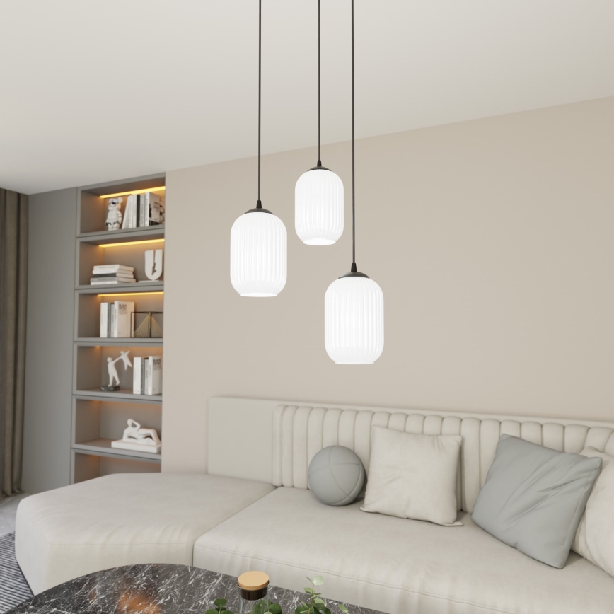Ljuskrona med textilsladd VERDI 3xE27/15W/230V diameter 30 cm svart/vit