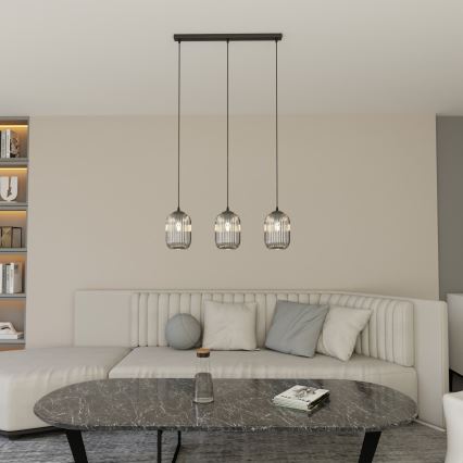 Ljuskrona med textilsladd VERDI 3xE27/15W/230V svart/grå