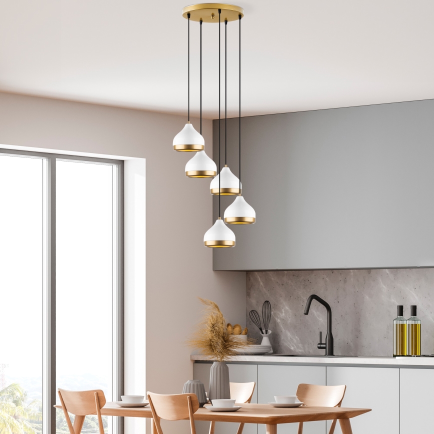 Ljuskrona med textilsladd YILDO 5xE27/40W/230V vit/guld