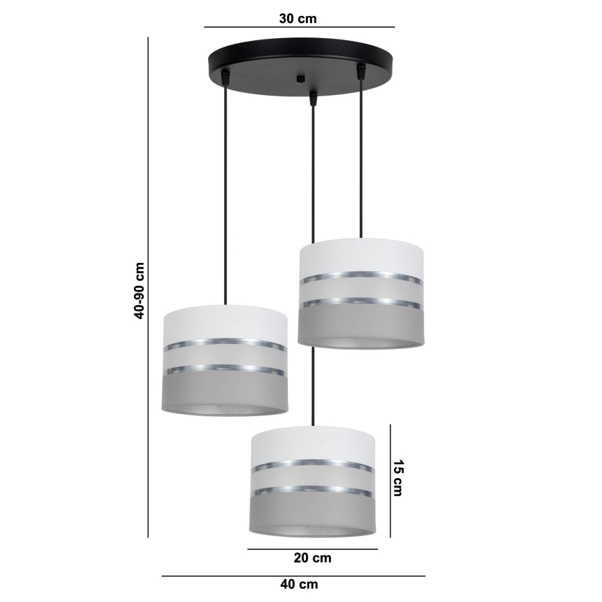Ljuskrona med upphängningsrem CORAL 3xE27/60W/230V vit/grå