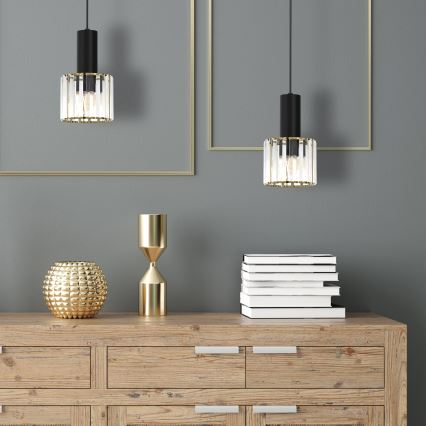 Ljuskrona med upphängningsrem CRISTAL 1xE27/60W/230V svart