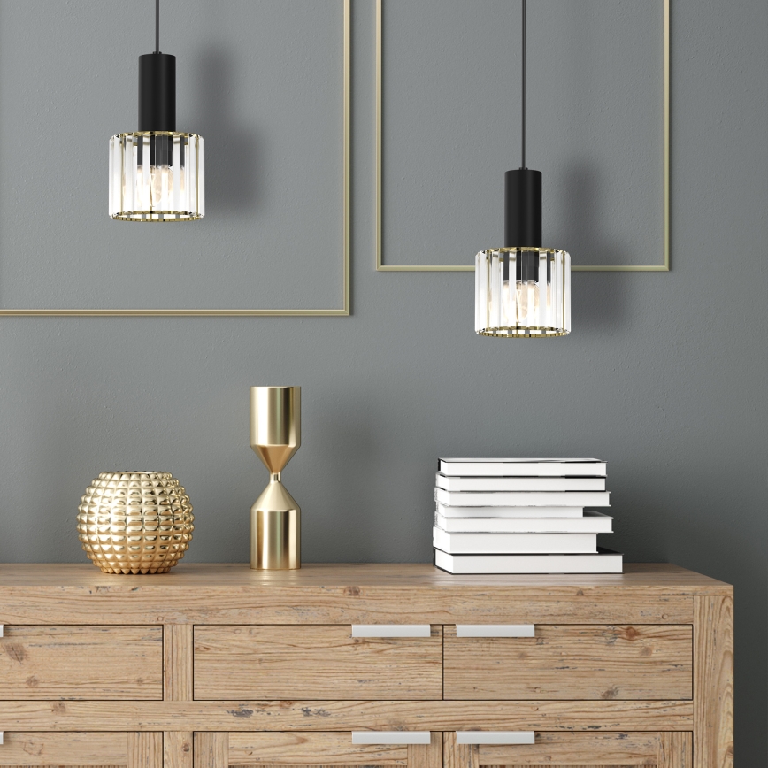 Ljuskrona med upphängningsrem CRISTAL 1xE27/60W/230V svart