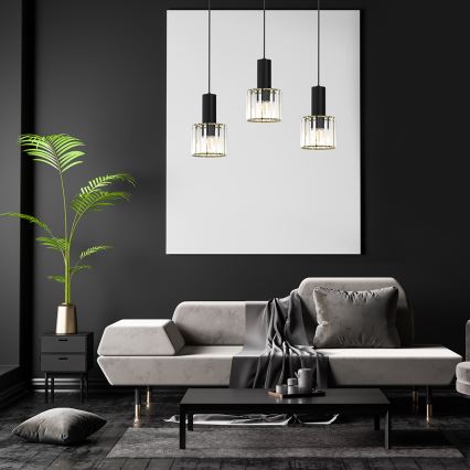 Ljuskrona med upphängningsrem CRISTAL 3xE27/60W/230V svart