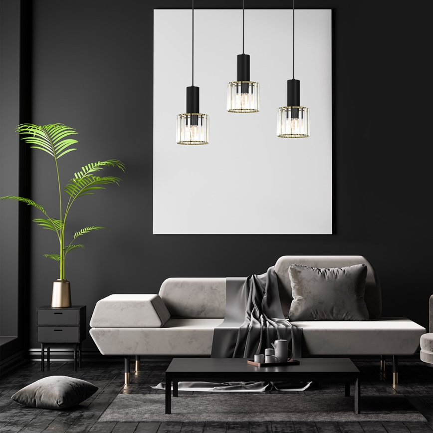 Ljuskrona med upphängningsrem CRISTAL 3xE27/60W/230V svart