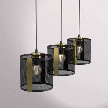 Ljuskrona med upphängningsrem KAGA 3xE27/60W/230V svart/gyllene