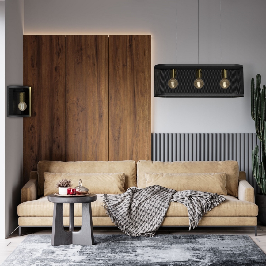 Ljuskrona med upphängningsrem KAGA 3xE27/60W/230V svart/gyllene