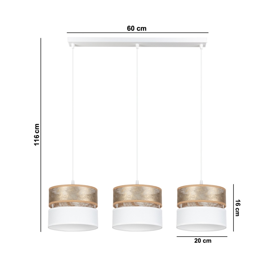 Ljuskrona med upphängningsrem LIMA 3xE27/60W/230V gyllene/vit