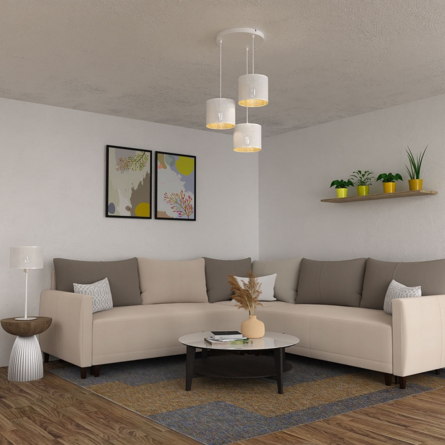 Ljuskrona med upphängningsrem LOFT SHADE 3xE27/60W/230V vit/gyllene