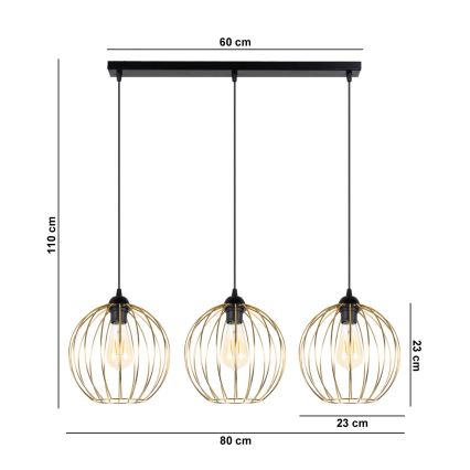 Ljuskrona med upphängningsrem MATT 3xE27/60W/230V svart/gyllene