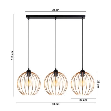 Ljuskrona med upphängningsrem MATT 3xE27/60W/230V svart/koppar