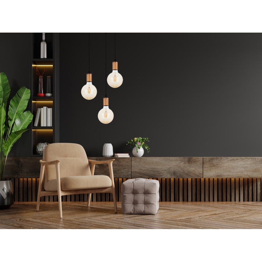 Ljuskrona med upphängningsrem MIROS 3xE27/60W/230V rund svart/koppar