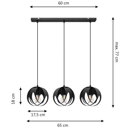 Ljuskrona med upphängningsrem MOONLIGHT 3xE27/15W/230V svart