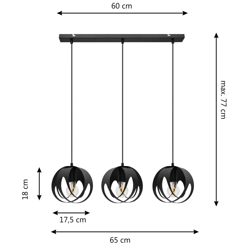Ljuskrona med upphängningsrem MOONLIGHT 3xE27/15W/230V svart