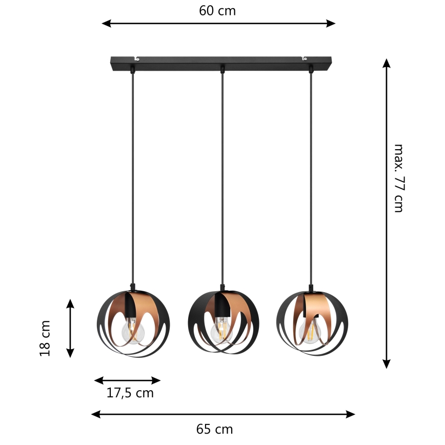 Ljuskrona med upphängningsrem MOONLIGHT 3xE27/15W/230V svart/koppar