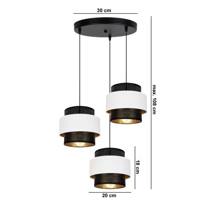 Ljuskrona med upphängningsrem NESS 3xE27/60W/230V diameter 45 cm svart/vit