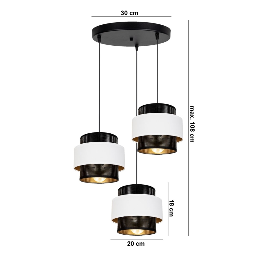 Ljuskrona med upphängningsrem NESS 3xE27/60W/230V diameter 45 cm svart/vit