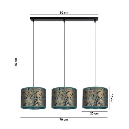 Ljuskrona med upphängningsrem  REZO 3xE27/60W/230V gyllene /turkos 