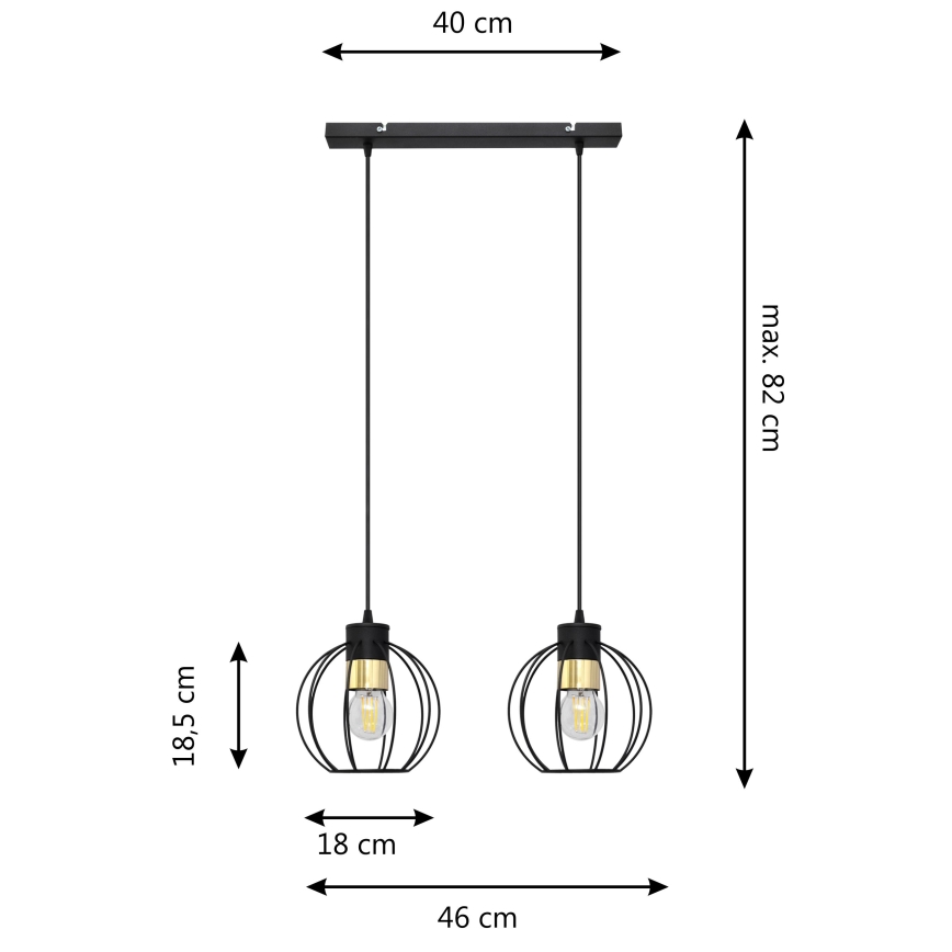 Ljuskrona med upphängningsrem STARLIGHT 2xE27/15W/230V svart/gyllene