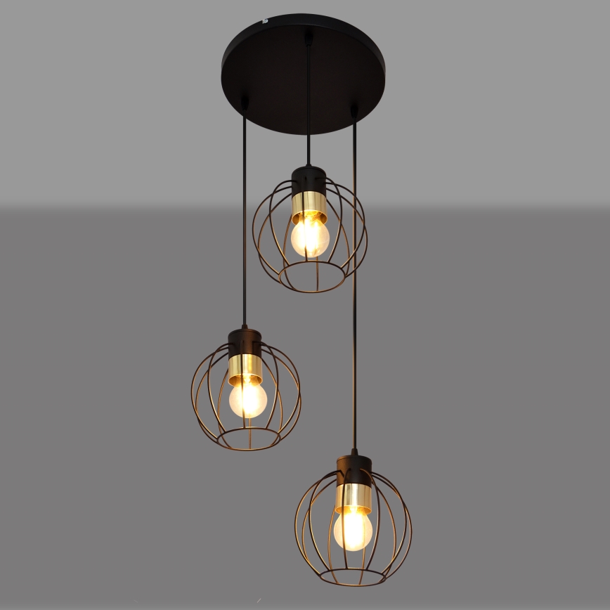 Ljuskrona med upphängningsrem STARLIGHT 3xE27/15W/230V svart/gyllene