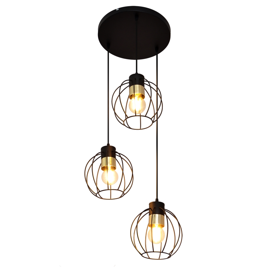 Ljuskrona med upphängningsrem STARLIGHT 3xE27/15W/230V svart/gyllene