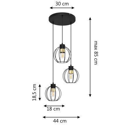 Ljuskrona med upphängningsrem STARLIGHT 3xE27/15W/230V svart/gyllene