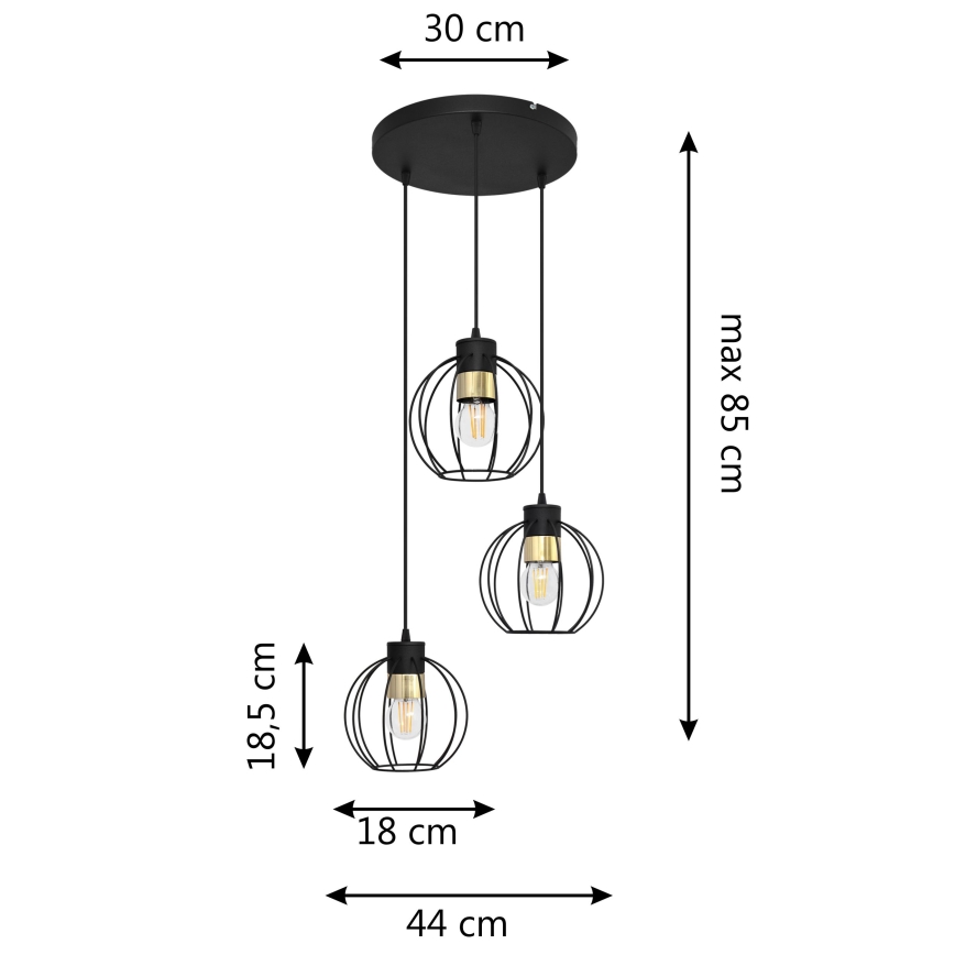 Ljuskrona med upphängningsrem STARLIGHT 3xE27/15W/230V svart/gyllene