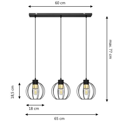 Ljuskrona med upphängningsrem STARLIGHT 3xE27/15W/230V svart/gyllene