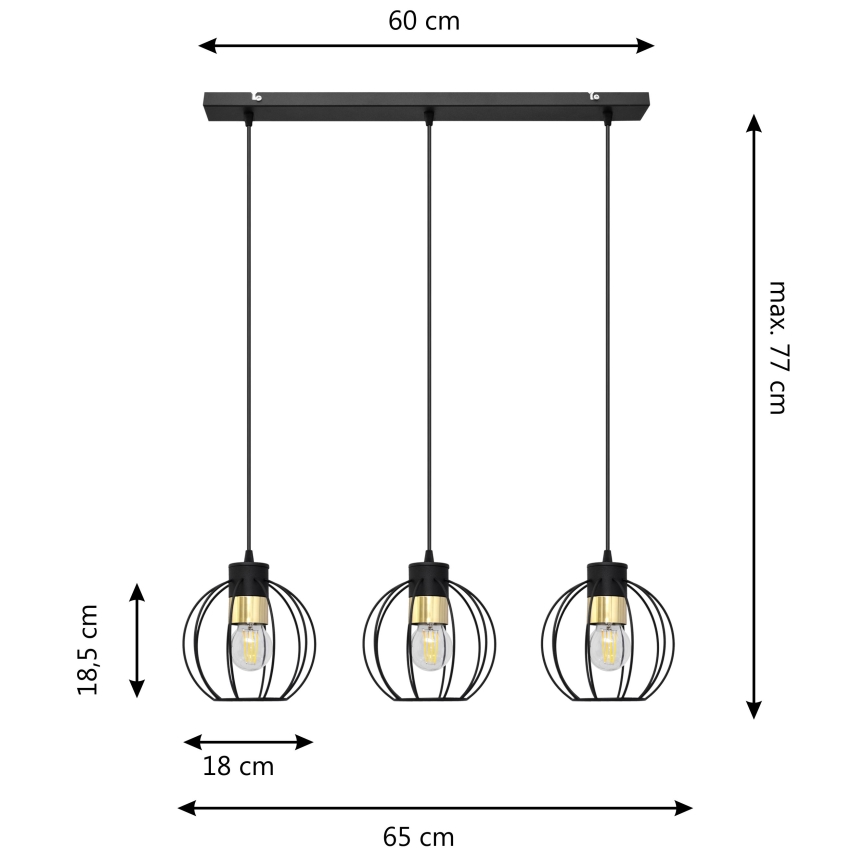 Ljuskrona med upphängningsrem STARLIGHT 3xE27/15W/230V svart/gyllene