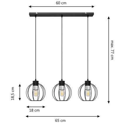 Ljuskrona med upphängningsrem STARLIGHT 3xE27/15W/230V svart/silver