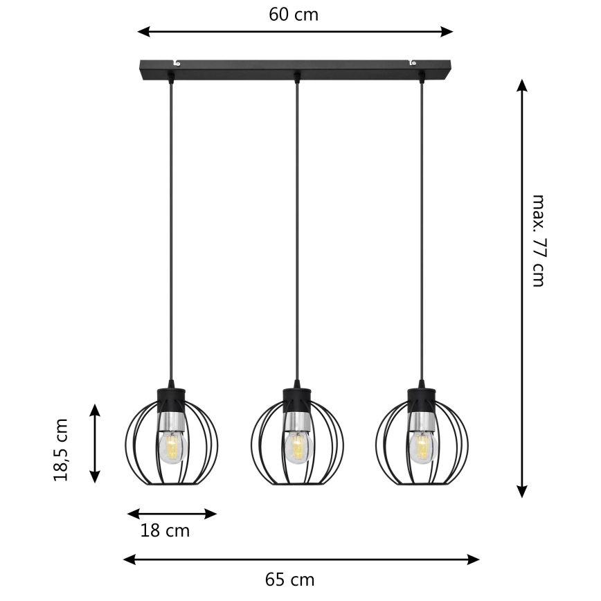 Ljuskrona med upphängningsrem STARLIGHT 3xE27/15W/230V svart/silver