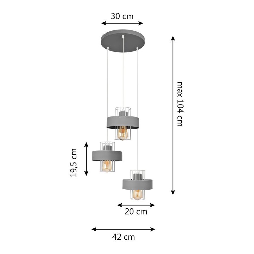 Ljuskrona med upphängningsrem VOLTA 3xE27/15W/230V diameter 42 cm grå