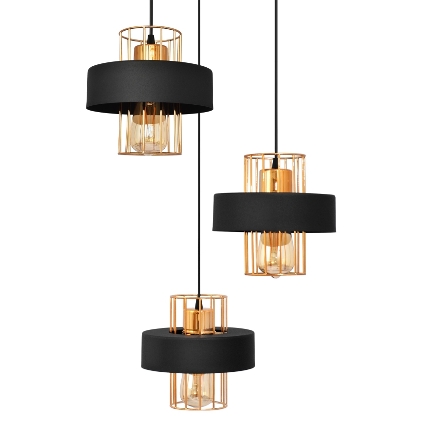 Ljuskrona med upphängningsrem VOLTA 3xE27/15W/230V svart/gyllene