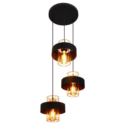Ljuskrona med upphängningsrem VOLTA 3xE27/15W/230V svart/gyllene