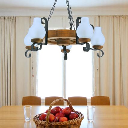 Ljuskrona på kedja ROATA 5xE14/40W/230V diameter 30 cm bok - FSC certifierade