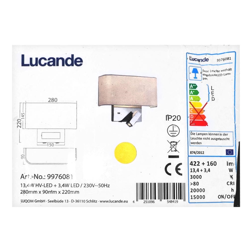 Lucande - LED vägglampa VIRVE 1XLED/13,4W/230V + 1xLED/3,4W/230V