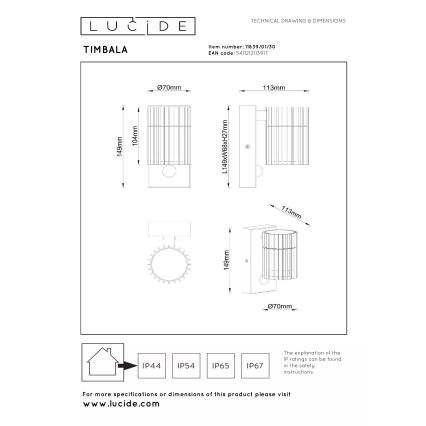 Lucide 11839/01/30 - Utomhus väggarmatur med sensor TIMBALA 1xGU10/7W/230V IP44