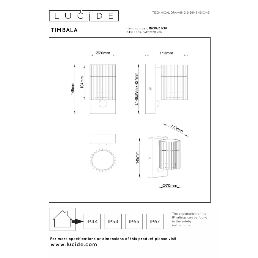 Lucide 11839/01/30 - Utomhus väggarmatur med sensor TIMBALA 1xGU10/7W/230V IP44